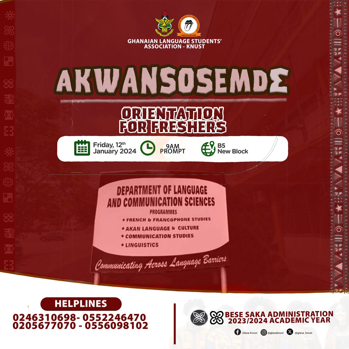 glasa_knust's tweet photo. Join us this Friday January 12th, 2024, at New Block basement 5 at exactly 9am for an unforgettable Freshers' Orientation! 🌟Don't miss out!
#Akwansosemdɛ #GlasaKnust #GlasaKnustPublicity #BeseSakaAdministration https://t.co/j6aypDj7th