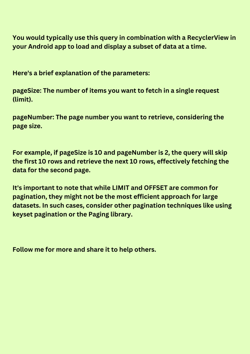 KaushalVasavaIn's tweet photo. LIMIT and OFFSET in Room library on Android

Many don't know about these parameters in the Room library. So let's talk about it.

Follow me and repost it to help others.

#room #roomdb #database #AndroidDev #android #androiddevs #kotlin #androiddevelopment #appdevelopment https://t.co/NQjbAOfbkz