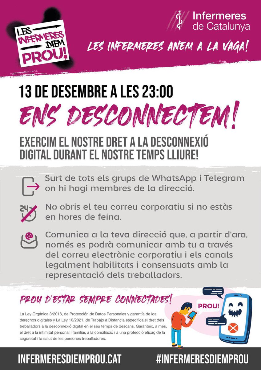 CatInfermeres's tweet photo. ➡️Planificació de serveis en grups de WhatsApp a qualsevol hora i moment
➡️Infermeres en situació de desavantatge per no respondre ràpidament fora del seu horari laboral
➡️Ansietats per la no desconnexió. 

📴 Tenim dret a la desconnexió digital, al descans del lloc de treball i a la conciliació familiar. @manelbalcells @apdcat 

#ByeWhatsApp