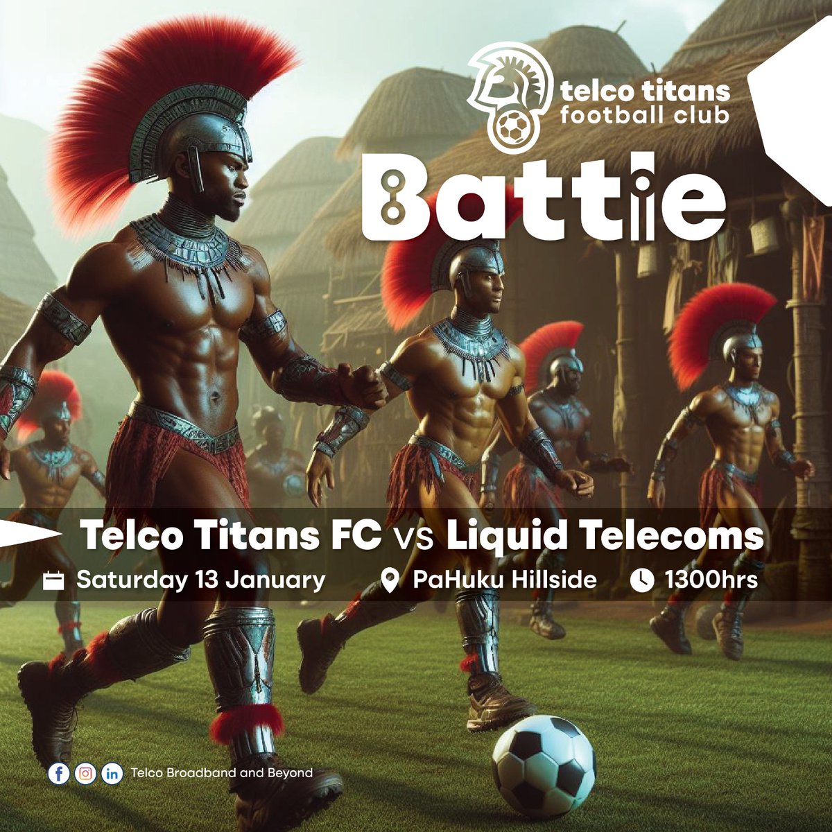 TelcoBroadband's tweet image. ⚽🔥 Soccer Showdown Alert! Telco Titans vs. Liquid Telecoms

📅 This Weekend - 13:00 at PaHuku Hillside
Don't miss the action –let's make this soccer weekend unforgettable! ⚽🔥 #TelcoTitans #SoccerShowdown #WeekendSports

See you at PaHuku Hillside! ⚽🔵⚪