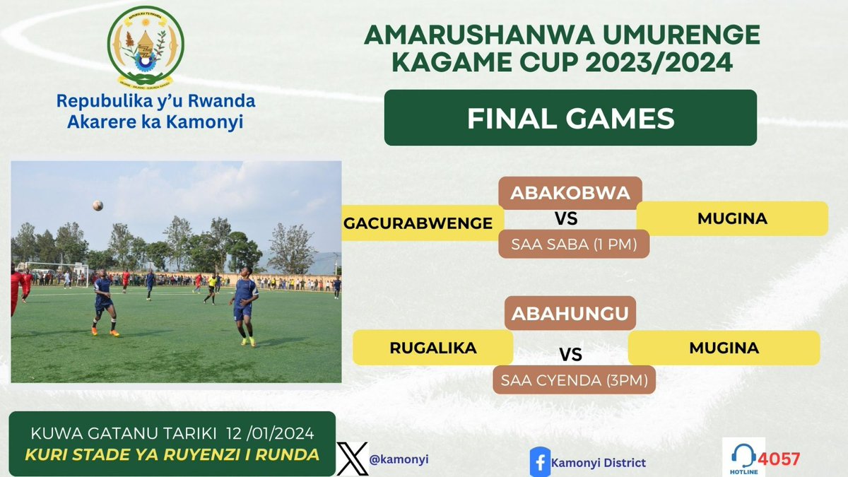 Kamonyi's tweet photo. Mwaramutseho neza. Muratumiwe mu marushanwa "Umurenge Kagame Cup". Ni imikino ya nyuma (final) iri bubere kuri stade ya Ruyenzi uyu munsi kuva saa saba (13h00) z'amanywa @RwandaLocalGov @RwandaSouth @RwandaGov @GovernanceRw https://t.co/itXWTmgwfE