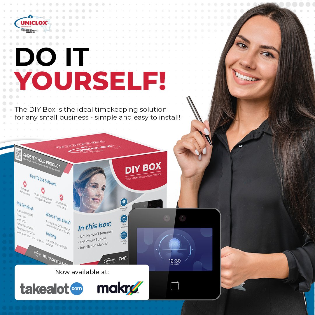 The DIY Box by Uniclox – easy to use, affordable & you can do the installation yourself!
Get your box today!
Takealot: bit.ly/3LTM8VE
Makro: bit.ly/3LUyXnE
#accesscontrol #biometrictimeclock #timeandattendance #facialrecognition #cloudsolutions #makro #takealot