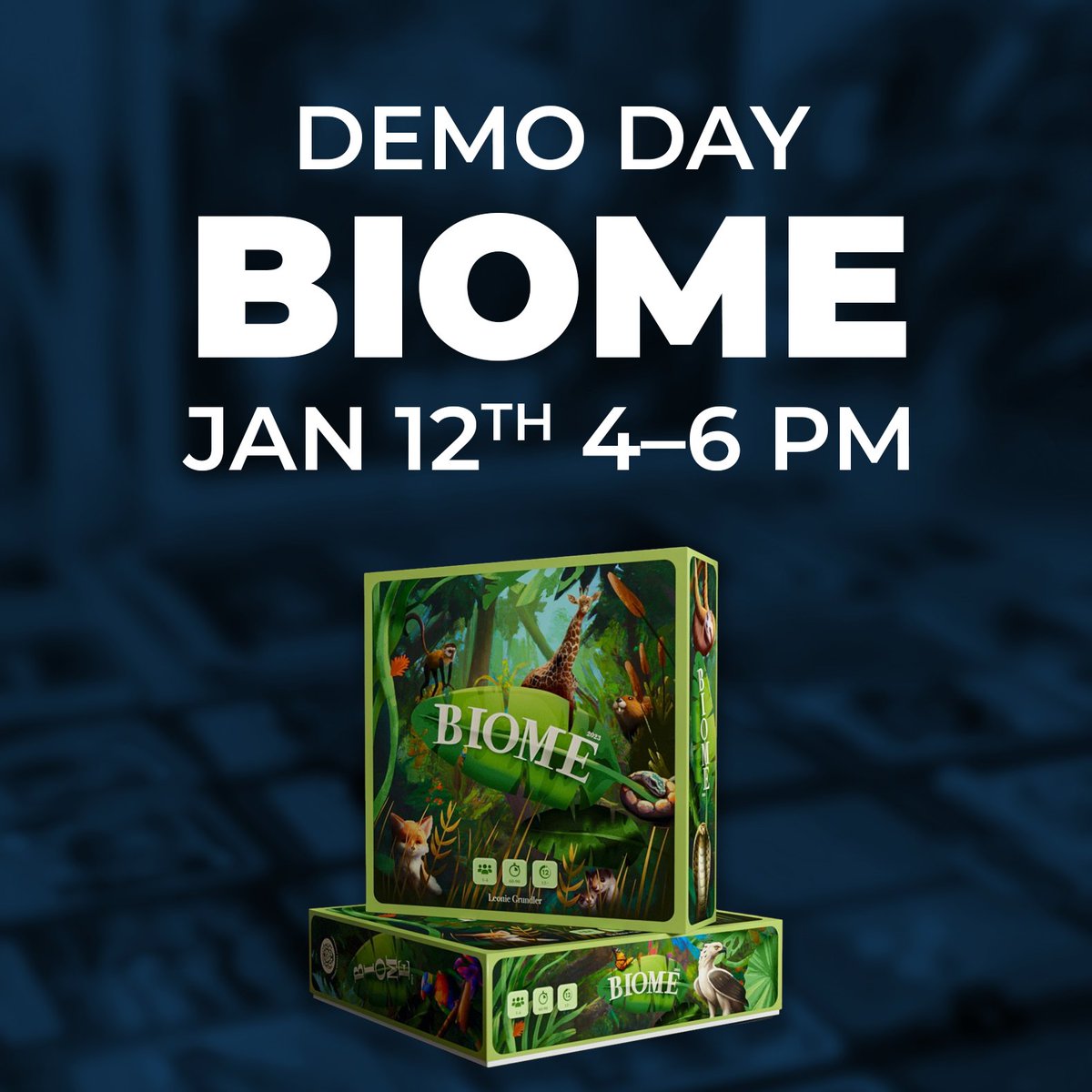 We're happy to host a Demo Day for Biome!

Biome is a tableau building board game where you take on the role of an environmentalist, competing to create the most biodiverse and resilient Biome.

To learn more about the game, give them a visit at play.biomethegame.com
