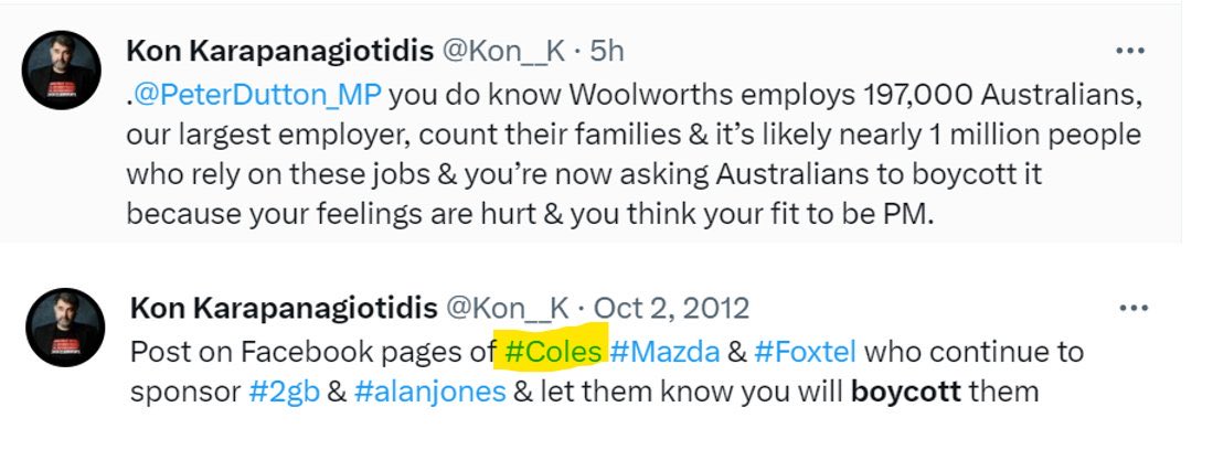 BOYCOTT HYPOCRISY: in 2012, crazed left wing activist Kon Karapanagiotidis led a campaign to boycott Coles. Today, Kon is complaining that people might lose their jobs if you boycott Wollies.  #auspol #theprojecttv #AustraliaDay #alwayswas #alwayswillbe26jan