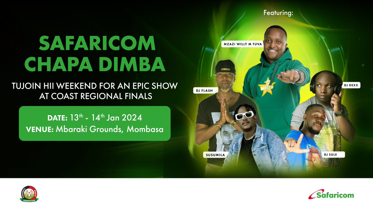 SafaricomPLC's tweet photo. Mombasa, are you ready to party? Catch the always-awesome #TrioMio PLUS an incredible line-up of artists LIVE at the #SafaricomChapaDimba Coast Regional Finals this coming weekend. #ChezaKamaWewe https://t.co/gHvk6Vwc0K