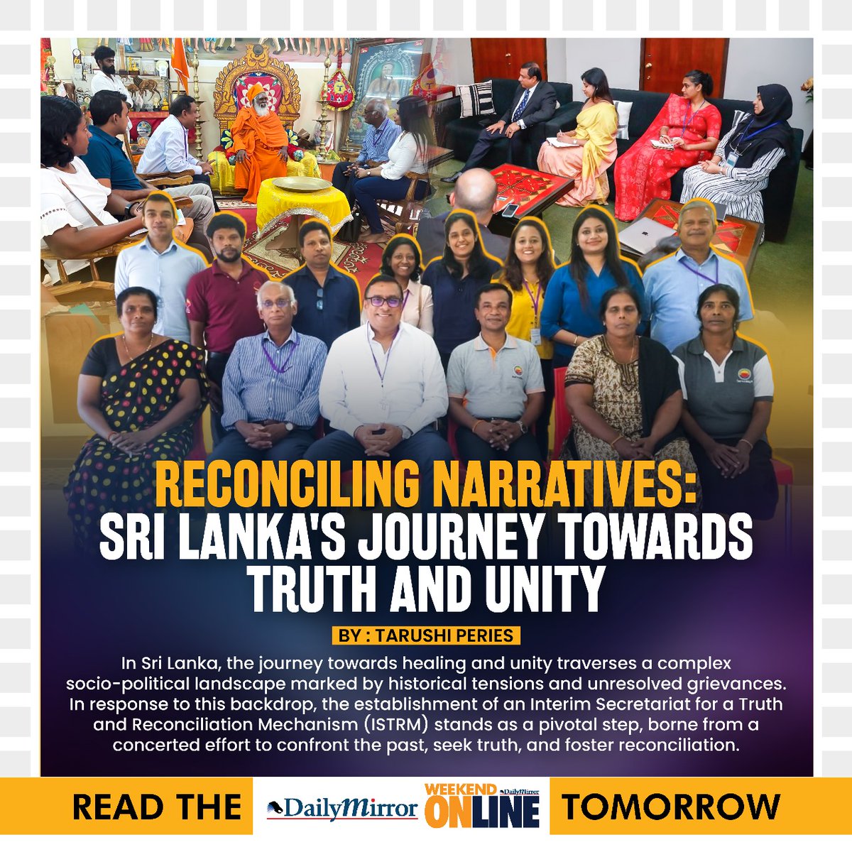 Dailymirror_SL's tweet photo. Reconciling Narratives: Sri Lanka's Journey towards Truth and Unity
By: Tarushi Peries
Read the Full Article Tomorrow - The Weekend Online, Daily Mirror.
#TheWeekendOnline #DailyMirror #TRC #SriLankaReconciliation #TruthAndUnity #TRCJourney #TarushiPeries #Colombo #SriLanka #UnityInDiversity