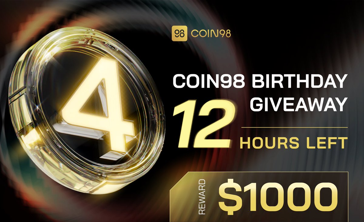 coin98_wallet's tweet photo. ✨ Only 12 HOURS left till the end of our Birthday Giveaway!
Our #4YearsForYou Birthday Giveaway is in full swing, and we want YOU to be part of it! 🎂 As the party is on, don’t you miss out on the chance to WIN $1000!
The deadline is set for 23:59 TODAY, so don’t hesitate to engage in our fun-filled tasks, seize the chance and dive into our birthday festivities!
🎁 Pool 1: https://t.co/xhFWCrKLBK
🎁 Pool 2: https://t.co/UfFPBXtLC1
