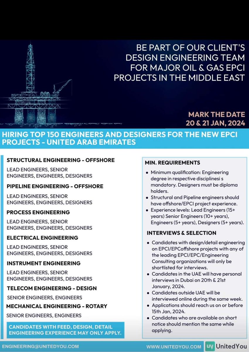 armdan_'s tweet photo. مطلوب في ابو ظبي، 150 مهندس تخصصات مختلفة في مجال البترول. 

Our target - Top 150 
Hiring high-end engineers and designers for multiple #Oil &amp; #Gas EPCI projects in the middle east. 

Client interviews on 20th &amp; 21st Jan. 
Email CV to:📨 engineering@unitedyou.com https://t.co/jAs8i6UPDm