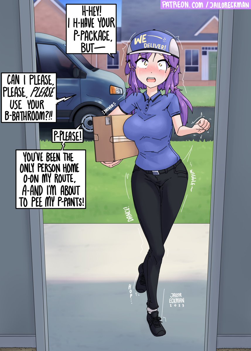 EckmanJailor's tweet photo. Oh hey!  Your delivery is here!  And it's being carried by a girl who is WICKED DESPERATE to PEE! XD

Are you going to let her in --- or is she just gonna have to bottle it up and head back to work?
📦🚫🚺

#omorashi, #おもらし, #おしがま https://t.co/NL4OizKhSU
