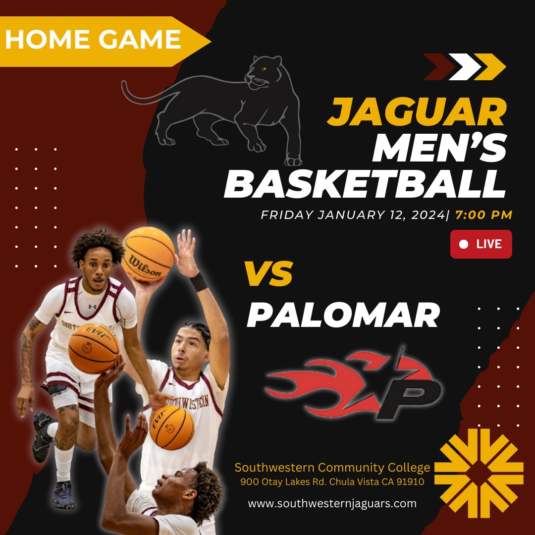 Home Game  for our Jaguar Men’s  Basketball vs Palomar at 7:00 pm. Ticket Pricing: $5 General Admission/ $ 4 Military ID, Children 12 under, Seniors 55+ / $3 SWC Staff, Faculty, and Students. #gojaguars #jucobasketball