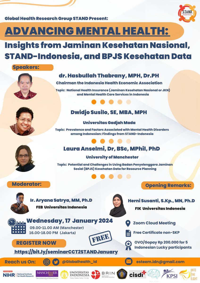 GlobalHealth_ID's tweet photo. Hi GHG STAND Fellows,

We are excited to invite you to a thought-provoking seminar featuring distinguished speakers who will delve into crucial aspects of mental health and its intersection with Indonesia's health landscape

Let's Join us in our CCT 2 seminar Programme: https://t.co/yDQ7OsSVHW