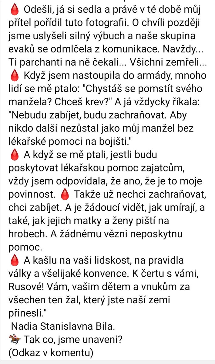 ZFronkova's tweet image. "K čertu s vámi, Rusové! Vám, vašim dětem a vnukům, za všechen ten žal, který jste naší zemi přinesli!"
Nadia Stanislavna Bila

Tak co, jsme už unaveni?
#viafb Visegradský jezdec