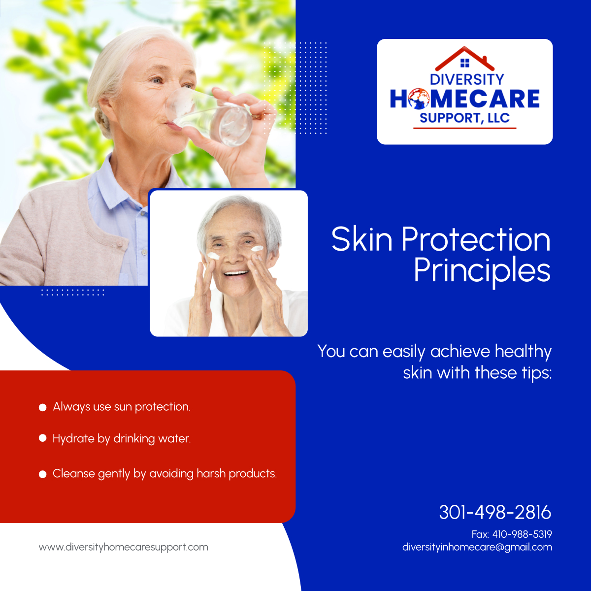 diversityhcsllc's tweet photo. It’s time for you to enjoy healthier skin with simple, effective tips: UV protection, hydration, and gentle cleansing. Maintaining skin health is an achievable goal.

#HomeHealthCareServices #SkinProtection #EllicottCityMD https://t.co/UDh4S5odMr