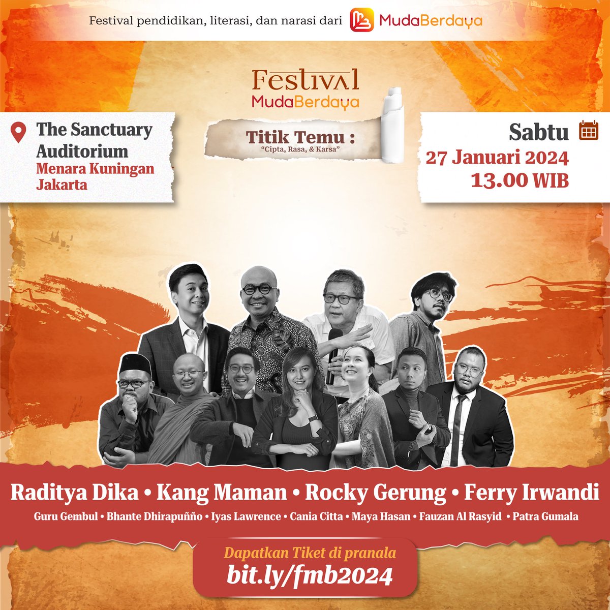 Rocky Gerung, Raditya Dika, Ferry Iwandi &amp; narator lainnya mengajak kita bernalar, berlogika, berdialektika &amp; berkesadaran untuk menjadi anak muda yang #Berdaya

Mari bergabung di Festival MudaBerdaya, Sabtu 27 Jan 2024, di The Sanctuary Auditorium, Jakarta.