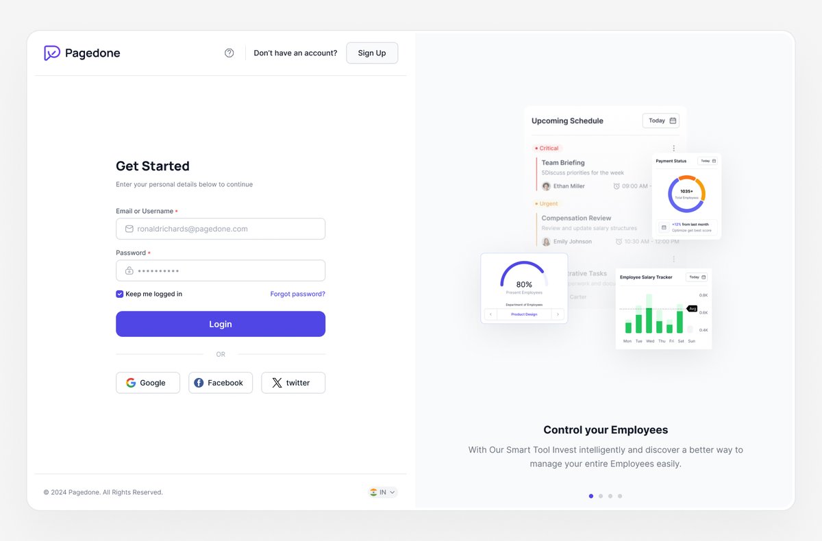 Here is the sneak peek of the Login page for the HR management Dashboard for <a href="/pagedone/">Pagedone</a> 
Whole Dashboard is available next week so don't forget to check pagedone.io
#buildinpublic #uiux #opensource #figma #designsystem #design