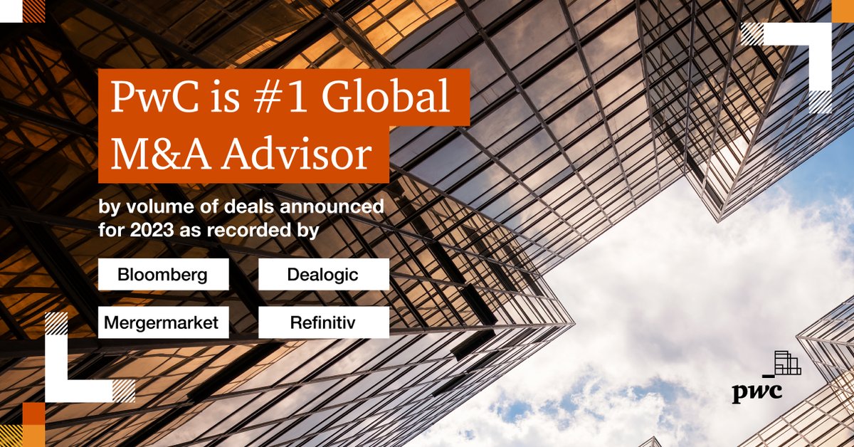 PwC_IN's tweet image. We are #PwCProud to announce that we have been ranked as the Global #1 M&amp;amp;A Advisor by volume of deals for 2023 – 10 years in a row! We hope to continue to make valuable contributions to our clients&apos; growth and success.

#PwCDeals #ValueCreationInDeals
