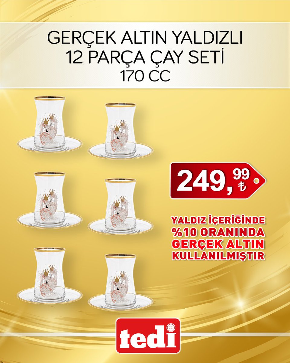 ⭐Bu özel çay seti ile ilgili bilmeniz gereken çok önemli bir şey var!
⭐Kullanılan yaldızın içeriğinde %10 oranında gerçek altın bulunuyor. Yani “altın yaldızlı” nitelemesini gerçekten hak eden bir ürün! :) #tedi #tedidiscount #akıllıseçim #altınyaldız #çayseti #çaybardağı