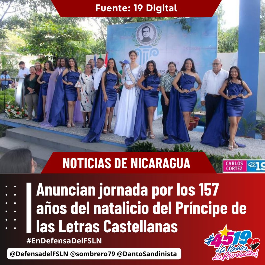 #Nicaragua Una extensa jornada que estará marcada por la poesía fue anunciada este jueves en Ciudad Darío, para celebrar el 157 aniversario del natalicio del Príncipe de las Letras Castellanas. #4519LaPatriaLaRevolución #MásVictoriasMásBienestar #SomosUNCSM #SomosUNAN #13DeJulio