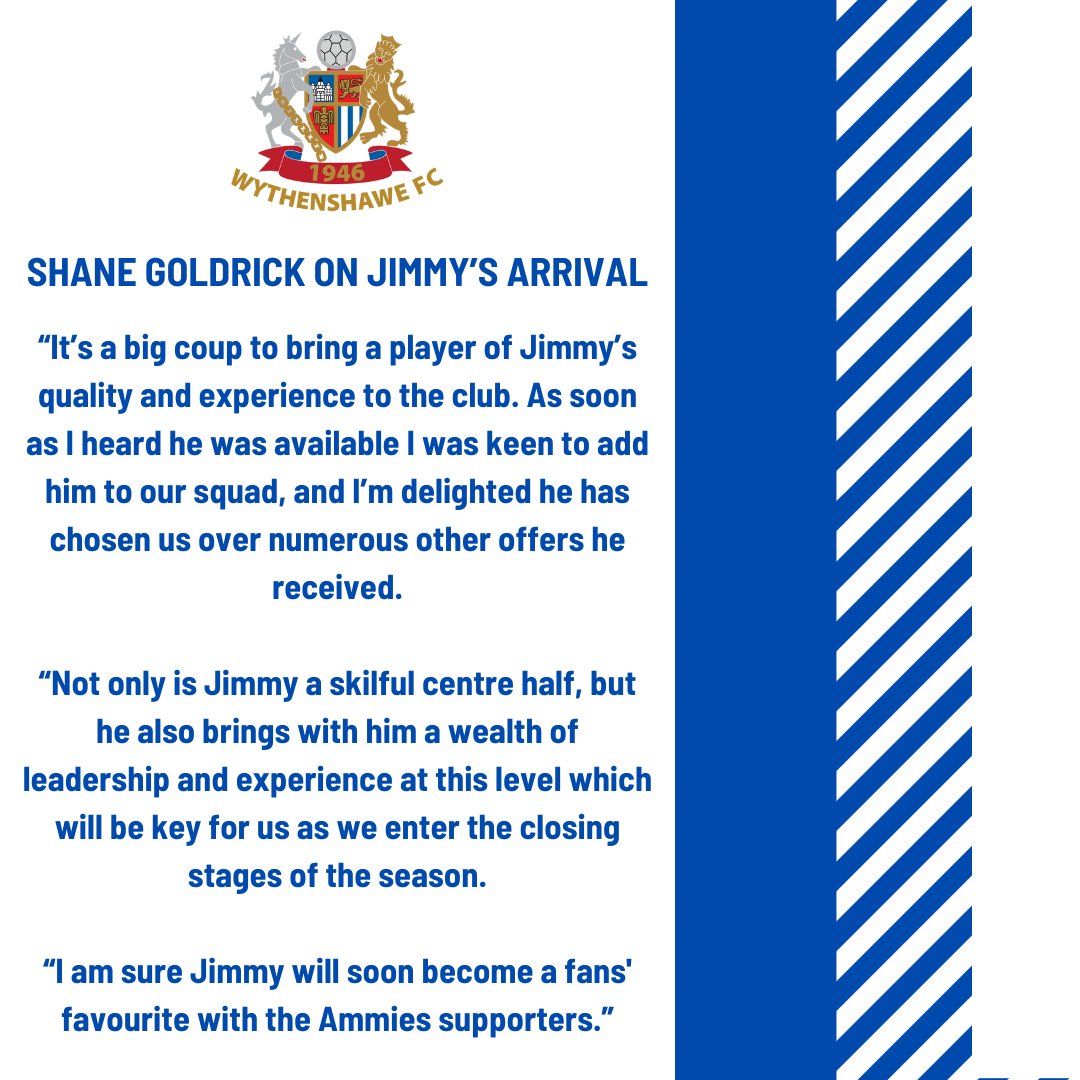 AMMIES ADD MOORE EXPERIENCE TO BACKLINE! Wythenshawe Football Club is delighted to announce the signing of @Jimmy270288 📝 The defender will add a wealth of experience to Manager Shane Goldrick's squad. Read more ⬇️ wythenshaweafc.com/news/goldrick-… #UpTheAmmies 🔵⚪