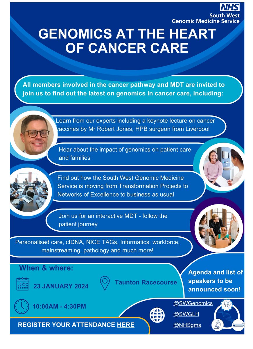 Really looking forward to hosting this @SWGenomics @SWGLH event in Taunton face to face on 23rd January, aimed at core members of the mdt and those wanted to know more about cancer genomics. Register here: forms.office.com/Pages/Response…