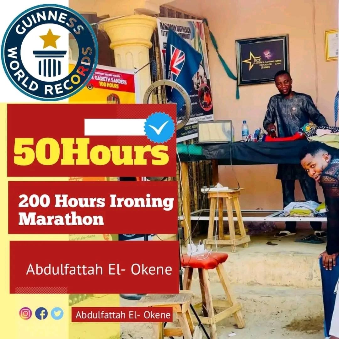 Muhammadfa21871's tweet image. GWR: Abdulfattah El-Okene has surpassed 50 hours of the marathon ironing this morning, and we're still counting, aiming to shatter records together. Join us in supporting him—your help matters. Together, we can win this challenge. The journey doesn't end here; the road to200hours
