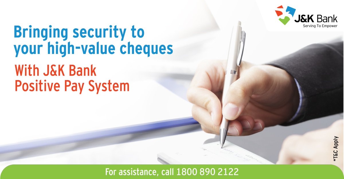 JandKBank's tweet photo. With J&K Bank Positive Pay System, your high-value cheques are safeguarded to ensure security at its best. Register your cheques valued at Rs. 50,000/- & above through J&K Bank mPay Delight+ or eBanking service.
#JKBank #PositivePaySystem https://t.co/tl0MtyfZal