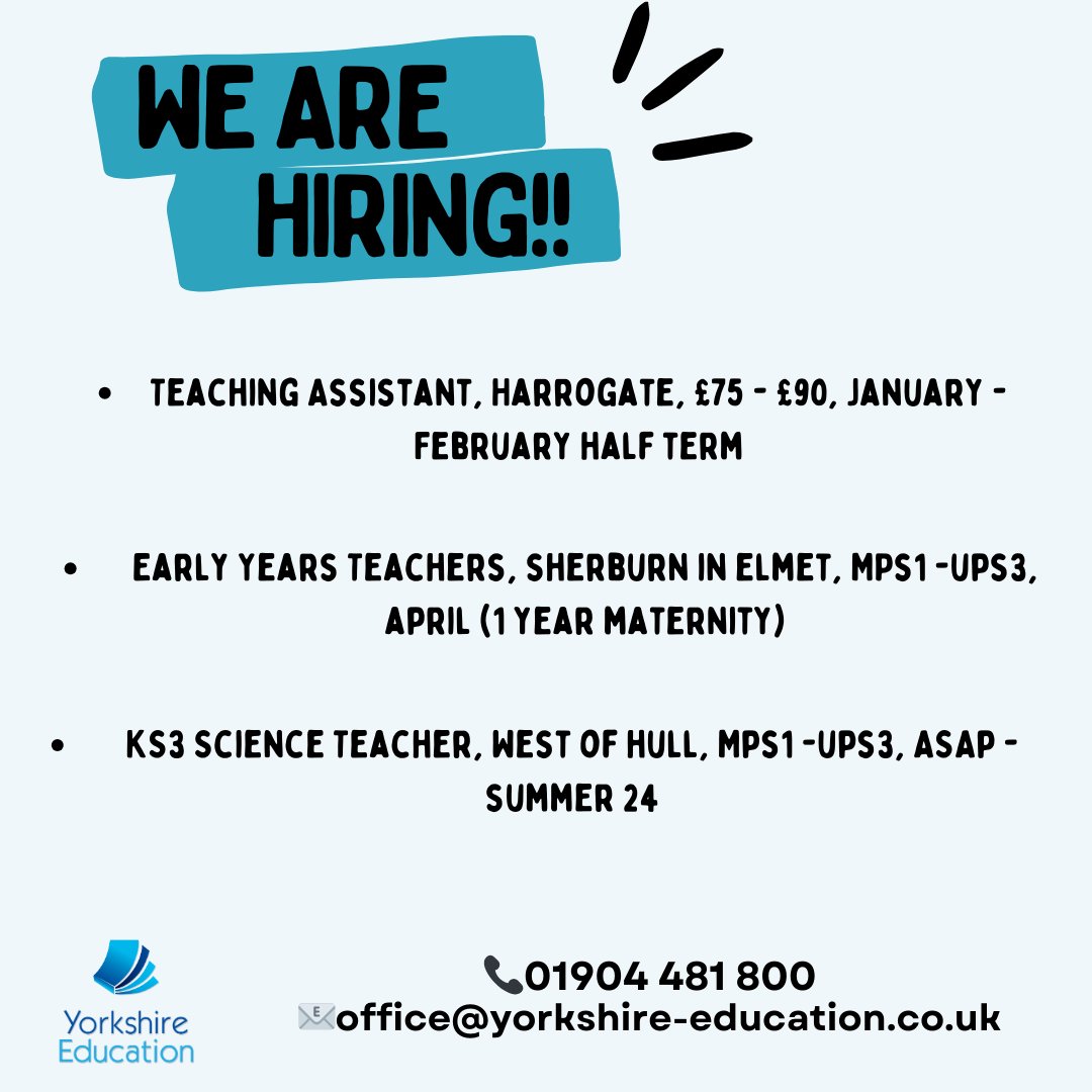 🔊 New roles in this week!

#recruitment #newroles #supplyteaching #teachingassistant #education