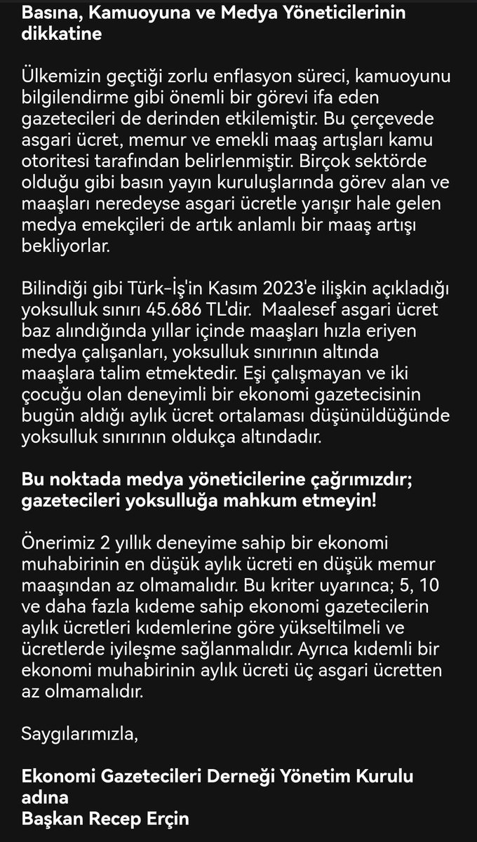Deniz Bilici (@blc_deniz) on Twitter photo Her gün yazıyoruz; geçim derdinden biz de hariç değiliz
🔹2 yıl deneyimli ekonomi muhabiri en düşük memur maaşından az almamalı
🔹5, 10 ve 10+ yıl kıdemli ekonomi gazetecilerinin ücretleri buna göre artırılmalı
🔹Kıdemli muhabir en az 3 asgari ücret almalı
@EGD <a href="/mrecepercin/">Recep Erçin</a> 👇 Her gün yazıyoruz; geçim derdinden biz de hariç değiliz
🔹2 yıl deneyimli ekonomi muhabiri en düşük memur maaşından az almamalı
🔹5, 10 ve 10+ yıl kıdemli ekonomi gazetecilerinin ücretleri buna göre artırılmalı
🔹Kıdemli muhabir en az 3 asgari ücret almalı
@EGD <a href="/mrecepercin/">Recep Erçin</a> 👇
