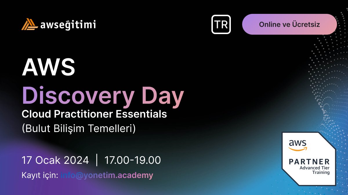 17 Ocak 2024 Çarşamba Günü Saat 17:00-19:00 arası online ve ücretsiz Discovery Day'e davetlisiniz. Etkinliğimize katılmak için info@yonetim.academy adresine mail atmanız yeterli. 

#awscloud #AWS #developer #awsdevops #awstraining