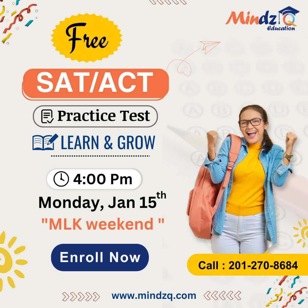 MindzQEducation's tweet image. Big Announcement! Participate in our Free SAT/ACT Practice Test and unlock new opportunities.

Mark Your Calendar: Monday, January 15th, 2024

Enroll Now mindzq.com/sat-test-prep-…

#FreeSAT #ACTPrep #mindzq #MLKWeekend #BrighterFutures #TestPrep #SATexam #EducationForAll