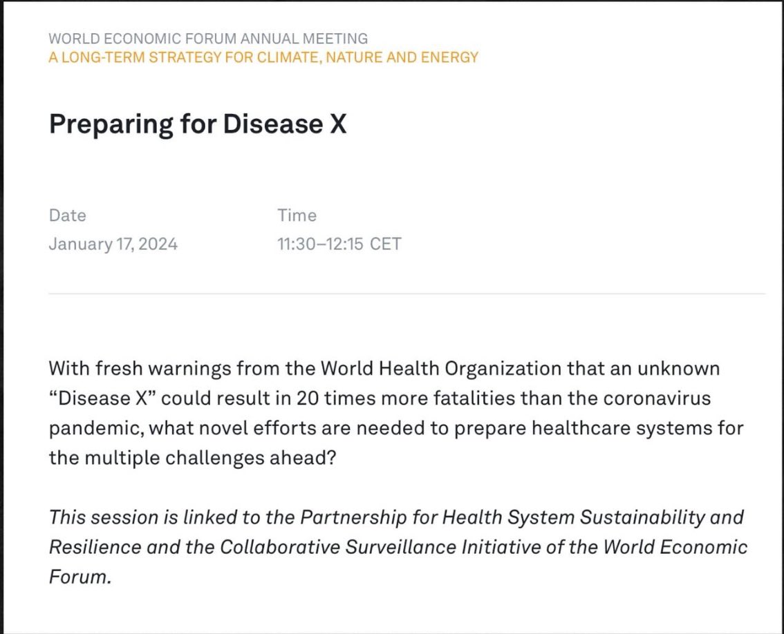 karinamichelin's tweet photo. ATENÇÃO 🚨🚨🚨

O Fórum Econômico Mundial está planejando “Doença ❌” uma reunião anual foi marcada para o próximo dia 17 de janeiro, com a presença de Nísia Trindade - ÚNICA REPRESENTANTE DE GOVERNO. 

O fato curioso e revelador é que, Nisia é a única speaker representando um país, ao lado do Diretor da OMS, Tedros Adhanom, Shyam Bishen, Membro da Comissão Executiva do Fórum Econômico Mundial de Genebra, Royal Jacobs, Presidente e CEO da Royal Philips, Preetha Jacobs, vice-presidente do Apollo Hospitals, Michel Demaré, presidente do Conselho da Astrazeneca. 

Não podemos esquecer que a “vacina” da Astrazeneca foi suspensa em vários países da Europa meses depois que começou a ser aplicada em 2021. No Brasil só foi suspensa em 2023. E Nísia decretou sigilo de 15 anos no contrato da Astrazeneca com a Fiocruz. Nísia em 2021 propôs construir um local para guardar documentos sigilosos sobre vacina. Trechos dos contratos assinados com a AstraZeneca para transferência de tecnologia foram classificados como ‘secretos’ pela instituição, que pretendia gastar R$ 750 mil na estrutura para armazenamento desses documentos.

O Ministério da Saúde do regime Lula está completamente alinhado com a OMS e o WEF de Klaus Schwab - o regime Lula está trabalhando em prol destas agendas.

O Brasil está sendo usado como laboratório para o resto do mundo? Por isso a insistência em “OBRIGAR” bebês e crianças a se inocularem com este soro que não é milagroso? Por isso a necessidade de ocultar as verdades e fingir que o experimento foi um sucesso?

Esse termo Doença X foi cunhado em 2018 pela OMS, é usado para descrever uma doença desconhecida pela ciência médica como causa de infecções humanas. Como um novo patógeno – seja um vírus, bactéria, fungo ou outro agente. Hoje eles resgatam esse termo para justificar seus novos projetos para a humanidade, angariando bilhões de dólares com a parceria de um país que possui mais de 214 milhões de habitantes - o Brasil. 

Sem falar no laboratório P4 que está sendo construindo em Campinas. Qual é o verdadeiro papel do Brasil nas futuras pandemias? 

Muitas destas perguntas jamais serão respondidas, mas os acontecimentos dos fatos nos revelarão.