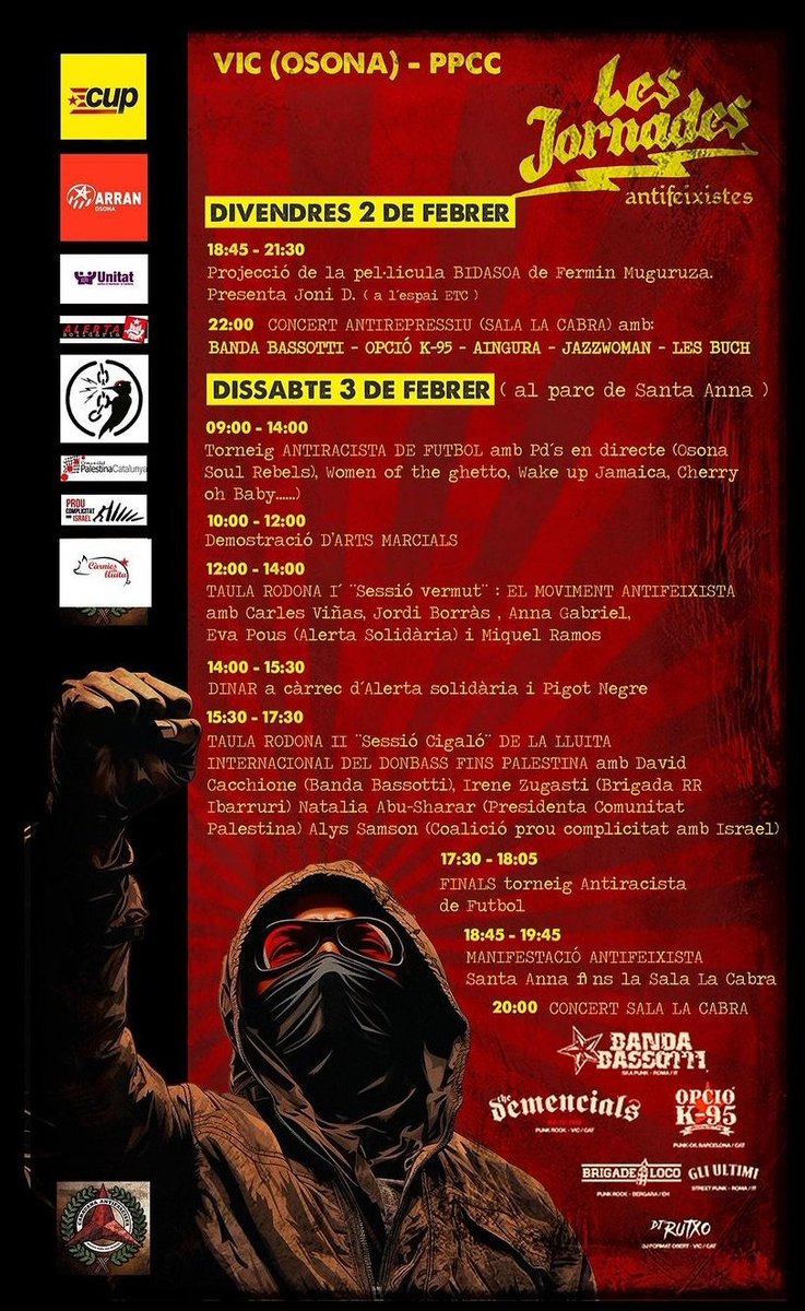 ✊🏽 Alerta que camina!!!
El 2 i 3 de febrer, JORNADES ANTIFEIXISTES a Vic: 
⚫️🔴jornadesantifeixistes.blogspot.com
#Vic #Osona #Estudi210