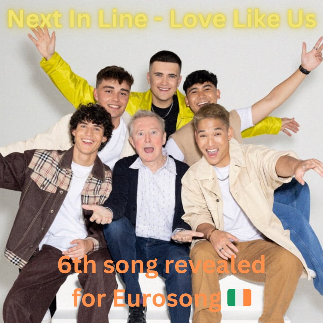 The 6th &amp; final song for #eurosong 2024 in #Ireland is #lovelikeus by Next In Line.

Song will be revealed today from 3pm on the #raydarcyshow on <a href="/RTERadio1/">RTÉ Radio 1</a> 

The boys are:  Conor O'Farrell, Nueng Kelly, Harry O'Connell, Conor Davies &amp; Joshua Regala &amp; managed by #louiswalsh