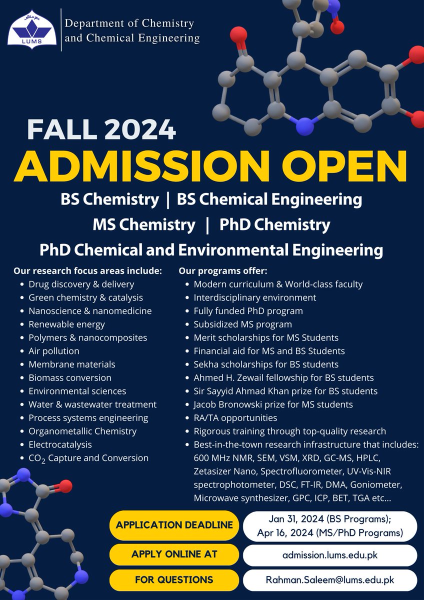 RahmanSZSaleem's tweet photo. Join our BS/MS/PhD program and create your future in chemical sciences
https://t.co/VpWbpyDRfU.

@sbasselums

@LifeAtLUMS

#LUMS #SBASSE #Admissionopen #joinUs #joinROC #drugDiscovery #pakscience #Research #science https://t.co/eC6HrTcp07