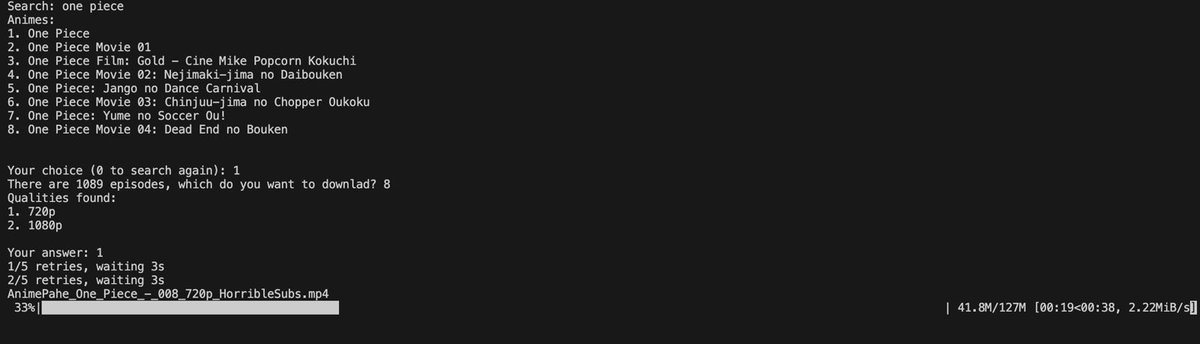 I'm thinking of moving the search functionality away from the search functionality away from the inside of the CLI to the outside as part of its arguments 🤔

So it'll be:
    akr-download "one piece"

Instead of:
    akr-download

that shows this