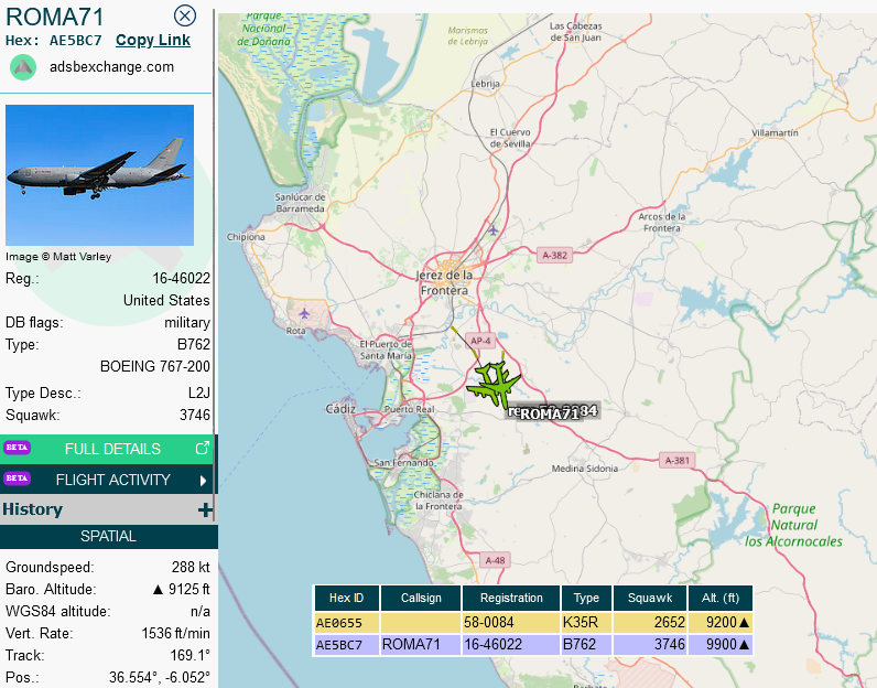 SirListenalot's tweet image. #KC46 #ROMA71 and #KC135 #ROMA72 airborne from Rota. I assume "AV" #F16's #TREND21-26 are heading to Shaw