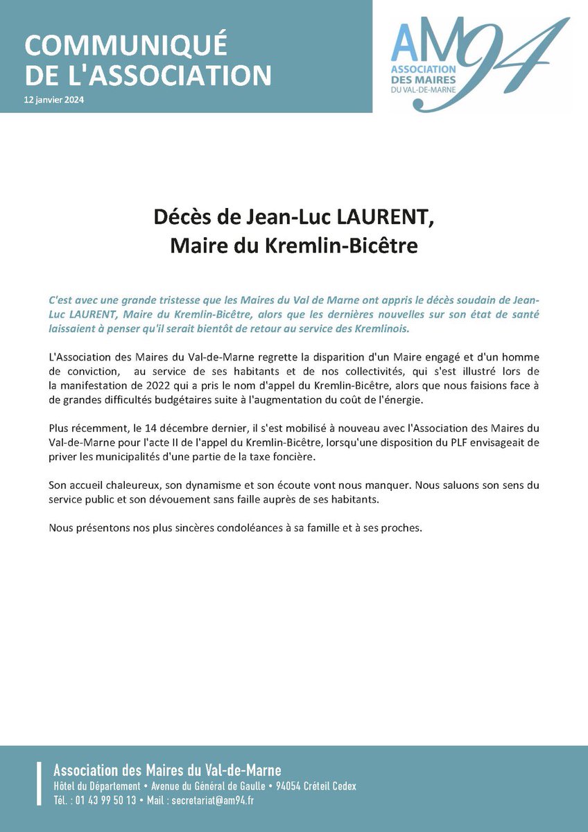 C'est avec une grande tristesse que les Maires du Val de Marne ont appris le décès soudain de Jean-Luc LAURENT, Maire du Kremlin-Bicêtre.
L'<a href="/Assomaires94/">Assomaires94</a> regrette la disparition d'un Maire engagé et d'un homme de conviction,  au service de ses habitants et de nos collectivités.