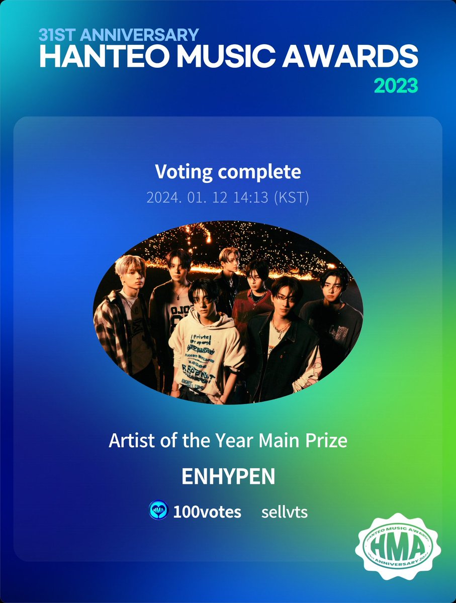 #sellvt_proof

RT deal for #ENHYPEN on artist of the year award vote partially accomplished (only 135 legit proof counted) you can check them yourself.

100 HMA Ticket casted for #ENHYPEN

Thank you for participating 🤗