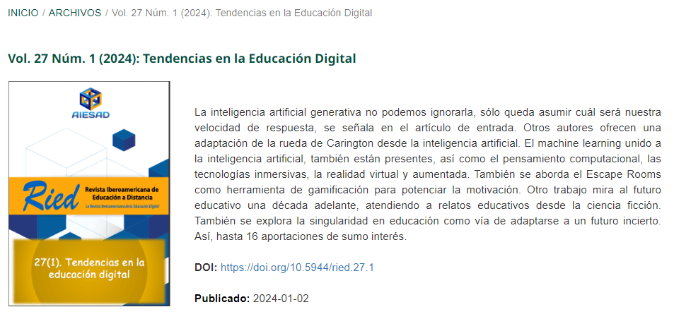 aiesad_org's tweet photo. ✨ AIESAD anuncia la publicación del Vol. 27-1 (2024) de RIED, titulado "Tendencias en la Educación Digital". 

🏁 Este número es el primer número completamente bilingüe de la revista, ofreciendo artículos en español o portugués e inglés.

Más info 👇

▶https://t.co/uv8KAKUMyQ https://t.co/IU7RF9s8jc