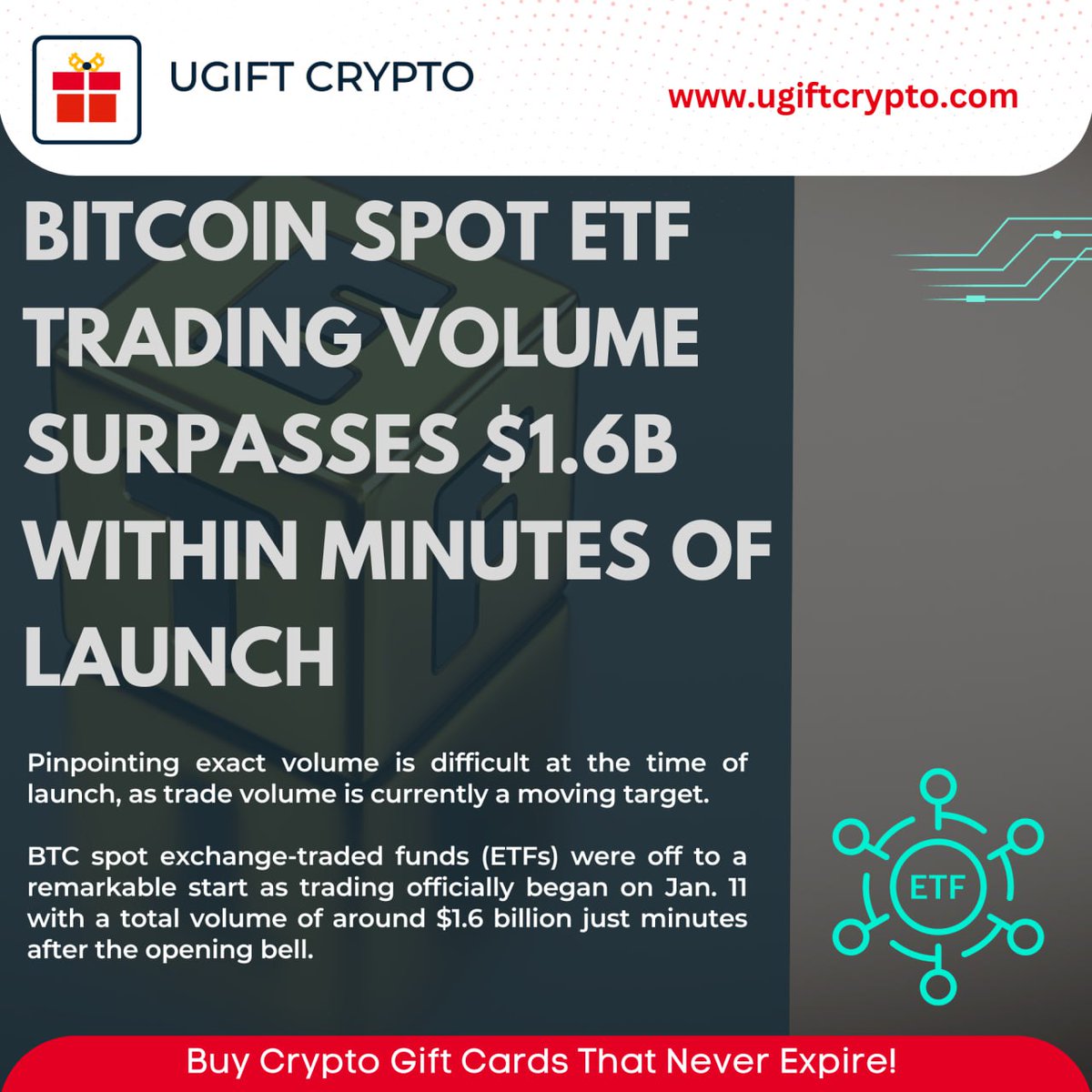 giftcryptotoken's tweet photo. Bitcoin spot ETF trading volume surpasses $1.6B within minutes of launch

Buy Crypto Gift Cards That Never Expire!
💠https://t.co/Keko7igO9S https://t.co/t3WMq1Phtr