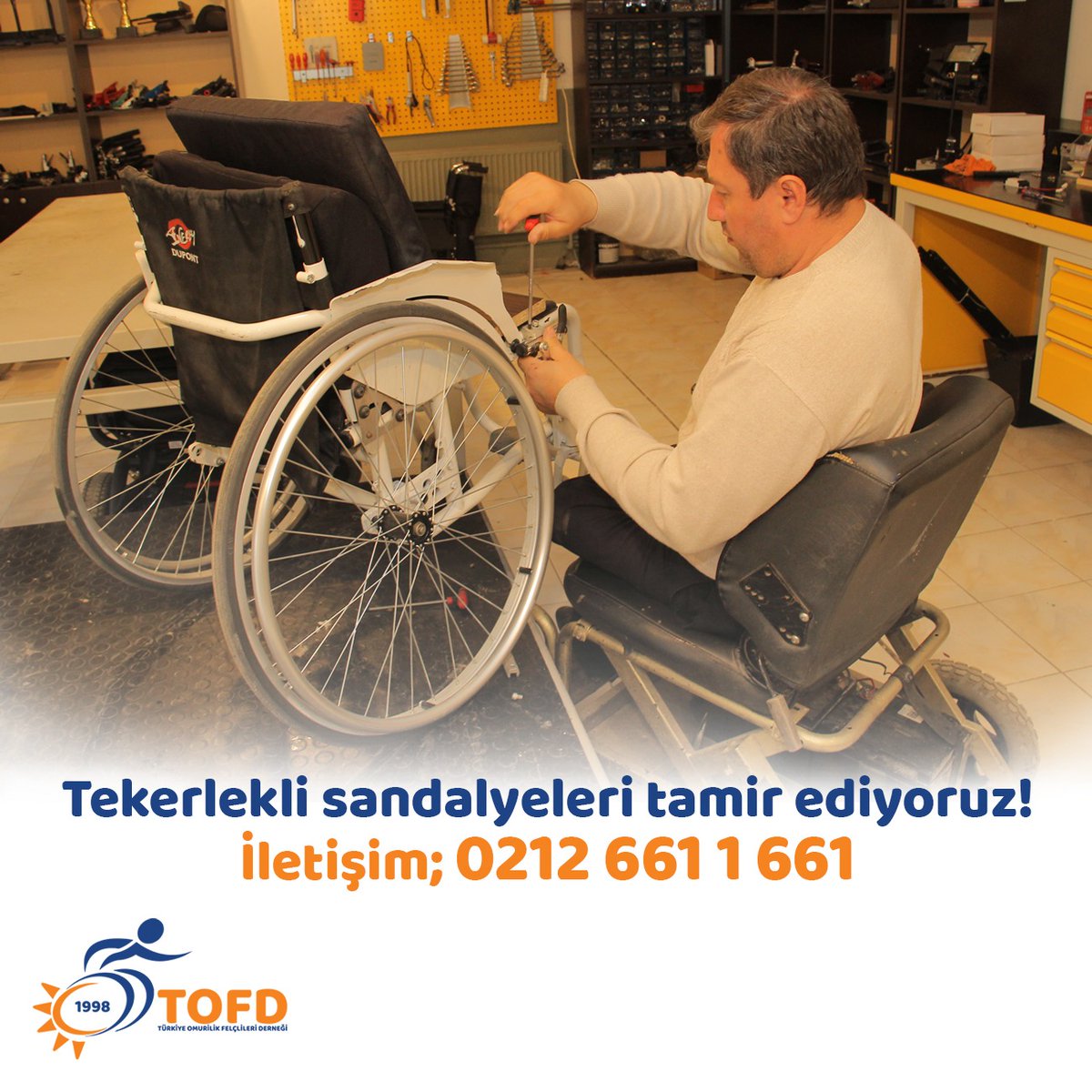 tofdgenelmerkez's tweet photo. TOFD Atölye ile tekerlekli sandalyeleri tamir ediyoruz! 🧡
İletişim; 0212 661 1 661

#TOFD #TürkiyeOmurilikFelçlileriDerneği #HayataTuruncuBak #TOFDAtölye #TOFDAtolye #atolye #tekerleklisandalye #bakım #onarım #tamir #tekerleklisandalyetamiri #engelsizatölye https://t.co/YvhwIii4lL