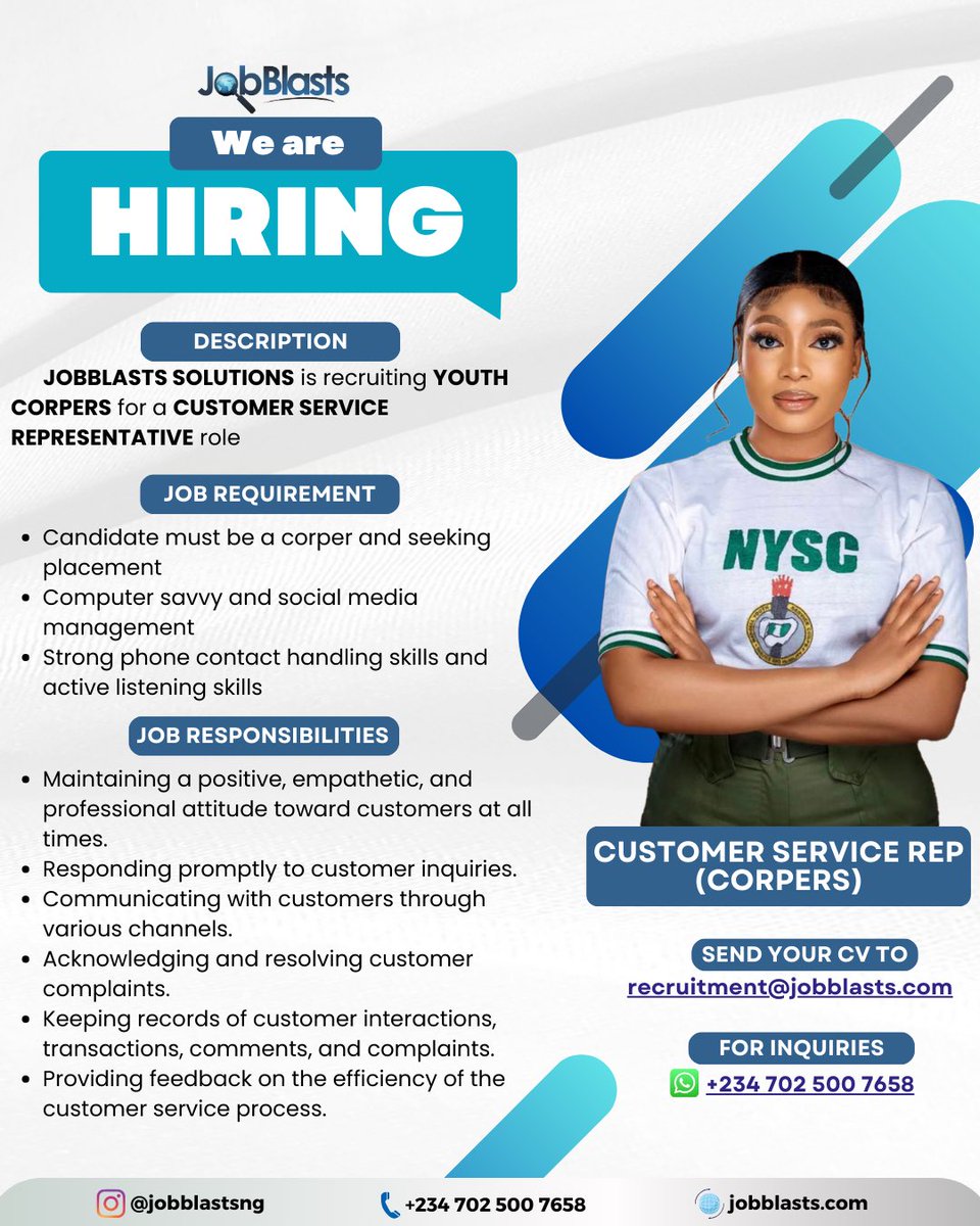 jobblasts_ng's tweet photo. We are hiring

JOB POSITIONS :
1. Customer Service Rep (Nysc)
2. Client Officer Male&amp; Female
3. Quantity Surveyor 

JOB TYPE : Full time 
JOB LOCATION: Ikeja 
Requirements are stated in Postcard.
send Cv to :recruitment@jobblasts.com 
#jobblasts #jobopenings #trendingjobs https://t.co/4bnoU8XbQd