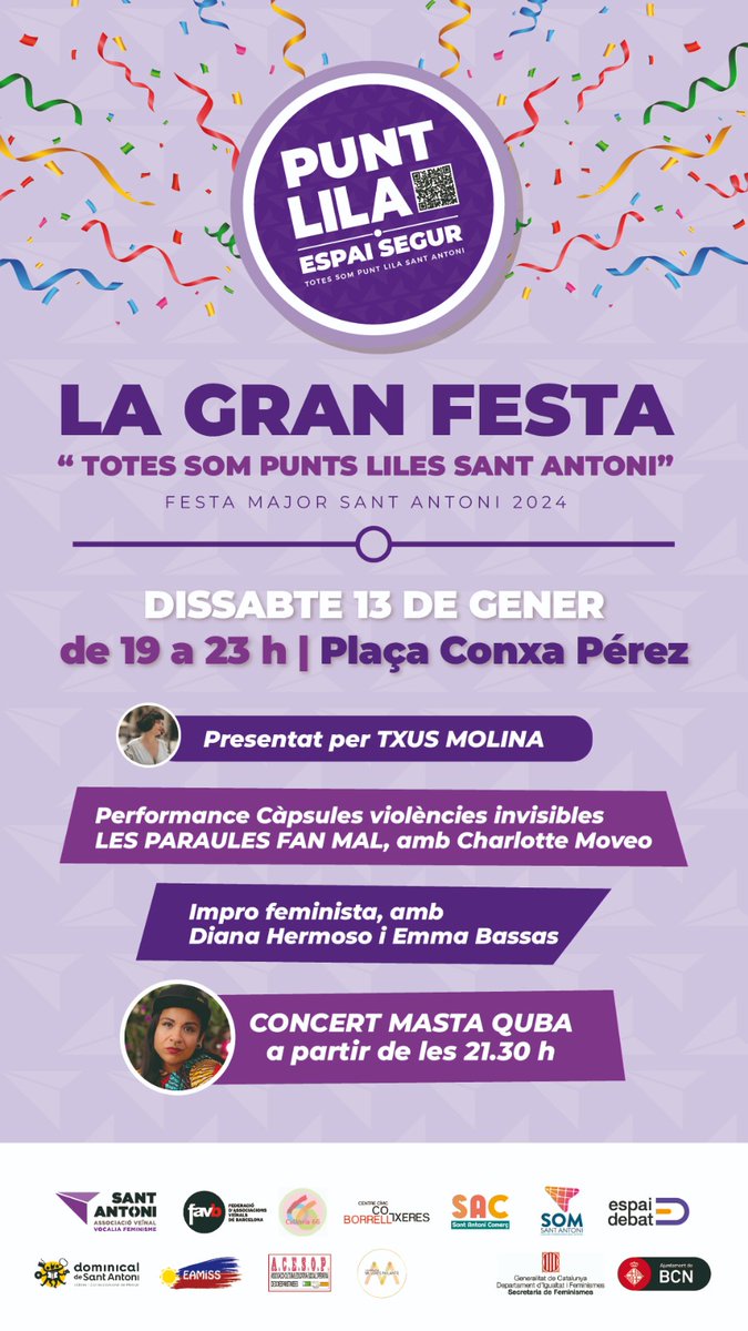 vocaldonesAVVSA's tweet photo. Ja ho tenim tot a punt per la gran festa “Totes som punt lila”. Dança amb Charlotte Moveo “Les paraules fan mal”, Improfeminista amb @dianahermoso i @emmabassas. Presentat per la gran @txus.molina.
Acabarem amb el rap de @mastaquba. Juntes som més fortes!! https://t.co/a385HLdP8Q
