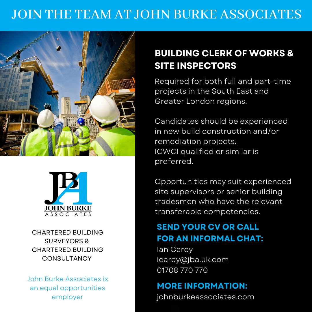 Do you have experience in new build construction or remediation projects?
Are you looking for a change of career?
Call Ian Carey for an informal chat about opportunities with John Burke Associates on 01708 770 770.
#clerkofworks #clerkofworksopportunities #changecareers