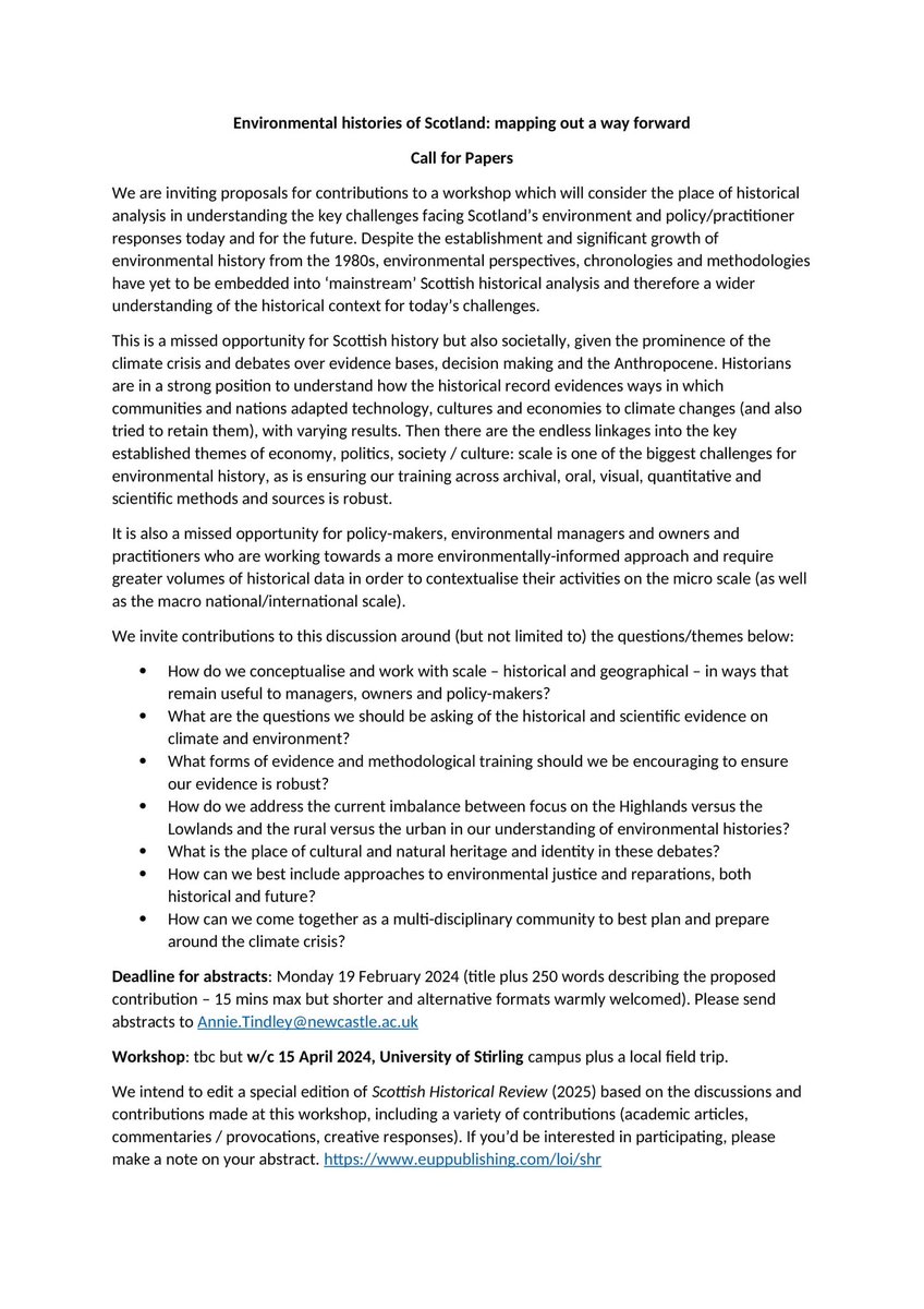 🔔Call for Papers🔔: ‘Environmental histories of Scotland: mapping out a way forward’

We invite proposals for contributions to this workshop co-organised by Prof. Annie Tindley and myself

Hosted at the University of Stirling w/c 15 April 2024 (date tbc)

Deadline: 19th Feb 2024