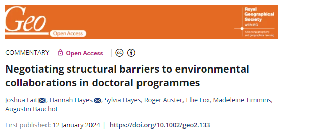 📢New commentary in Geo!📢 'Negotiating structural barriers to environmental collaborations in doctoral programmes' by @JoshuaLait et al. Lait et al. explore the experiences of geography PhDs engaging in environmental collaborations during their studies doi.org/10.1002/geo2.1…