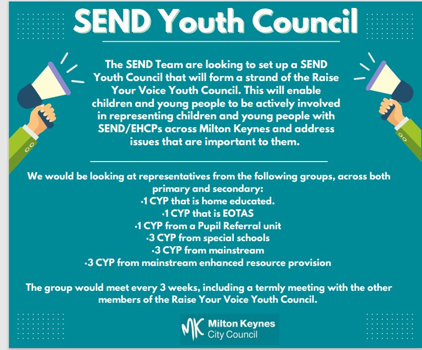 MK SEND Youth Council are holding their first meeting on 31st January. If any of our young people are interested in joining, please send us a Facebook message and we will be in touch with further details. #youthcouncil #MK #RaiseYourVoice #bekindworkhardsucceedtogether