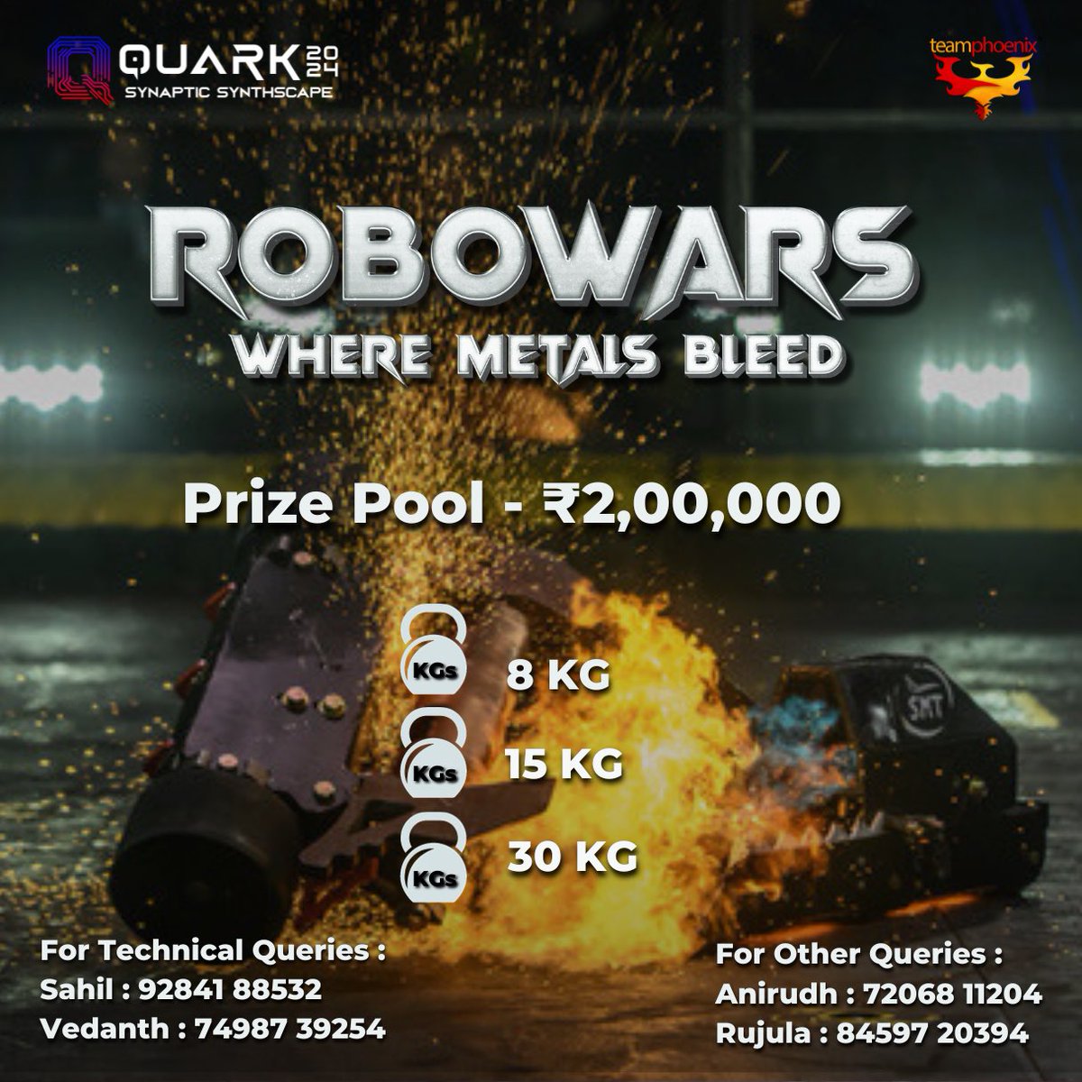 Prepare for the ultimate showdown at Robowars, taking place at Bits Pilani Goa from February 15 onwards.
Compete in 8kg, 15kg, and 30kg categories with a chance to win exciting cash prizes.

#robowars #battlebots #tech #quark #bitsgoa #robowars2024 #goa