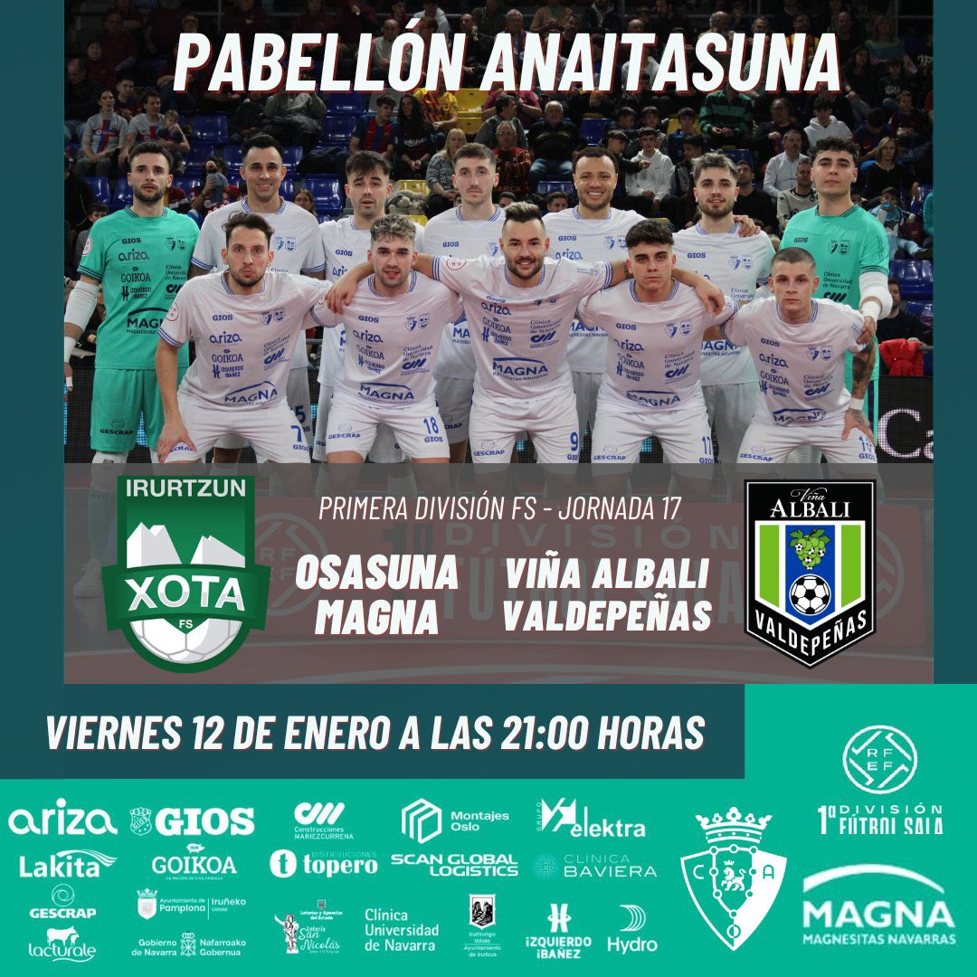 ⚽️ ¡Día de partido!

🆚 <a href="/VinaAlbaliFS/">Viña Albali Valdepeñas</a> 
🕘 21:00
🏟️ Anaitasuna
📺 <a href="/fef_tv/">FEF_TV</a> 

#ElMitoContinúa
#PrimeraDivisiónFS