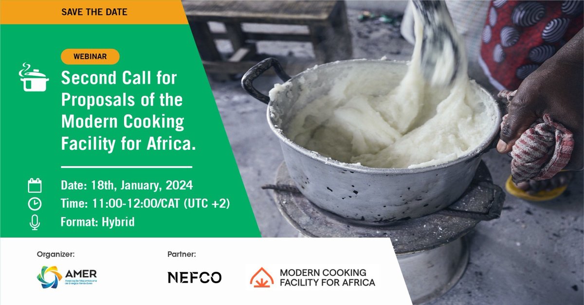AMER_MOZ's tweet photo. 📷 📷AMER e @NefcoNordic  organizam um Webinar sobre a  segunda chamada de financiamento (MCFA2) à empresas de cozinha limpa na África Subsaariana.

Aplique ao MCFA2 até 31 de Janeiro de 2024 às 12h CAT/CEST, através do link: https://t.co/AEcbTyWkHq  

#AMER #NEFCO #WEBINAR #Moz https://t.co/ceudORHoTn